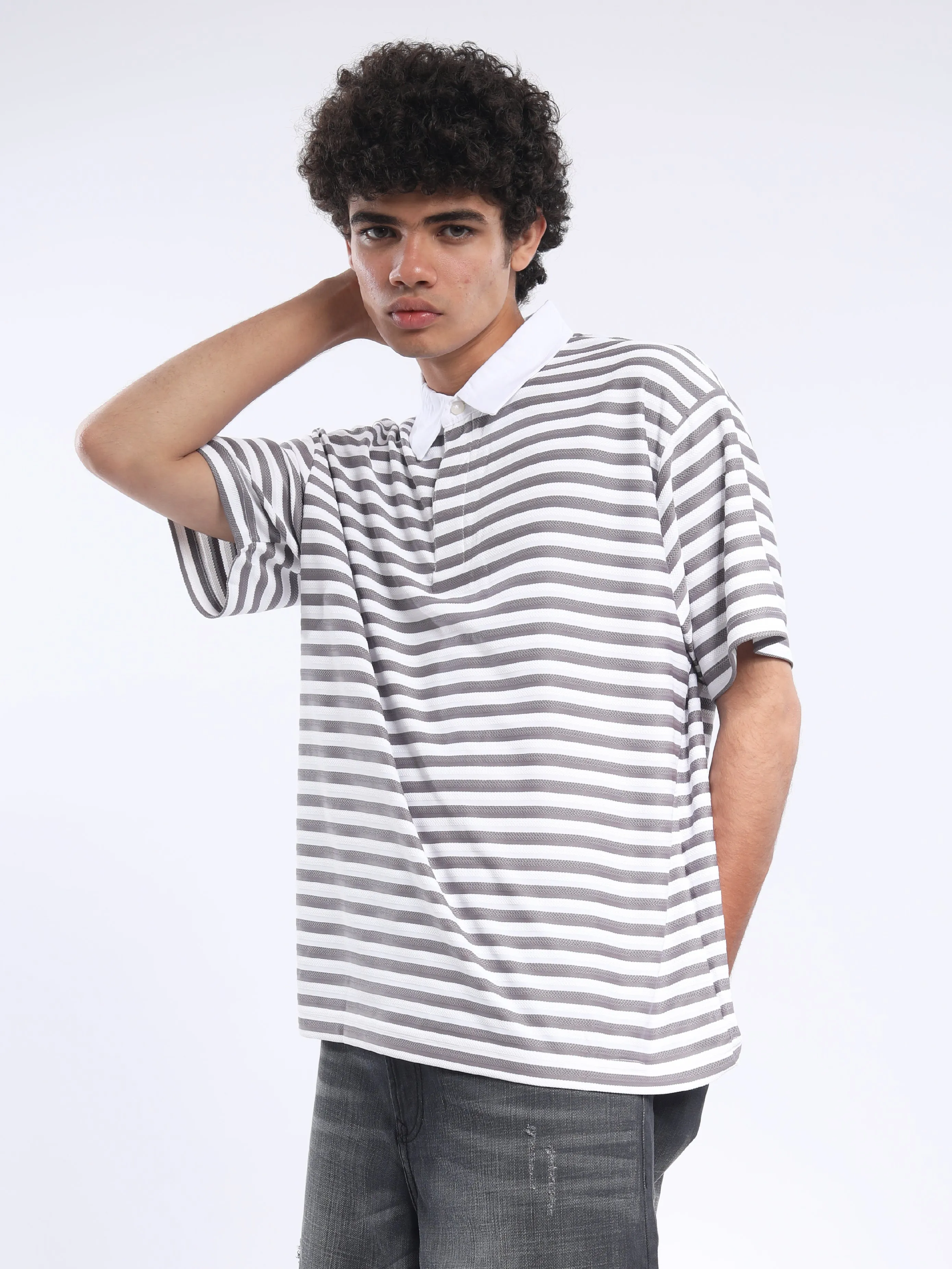 Helga - Striped Polo T-Shirt - Granite Gray