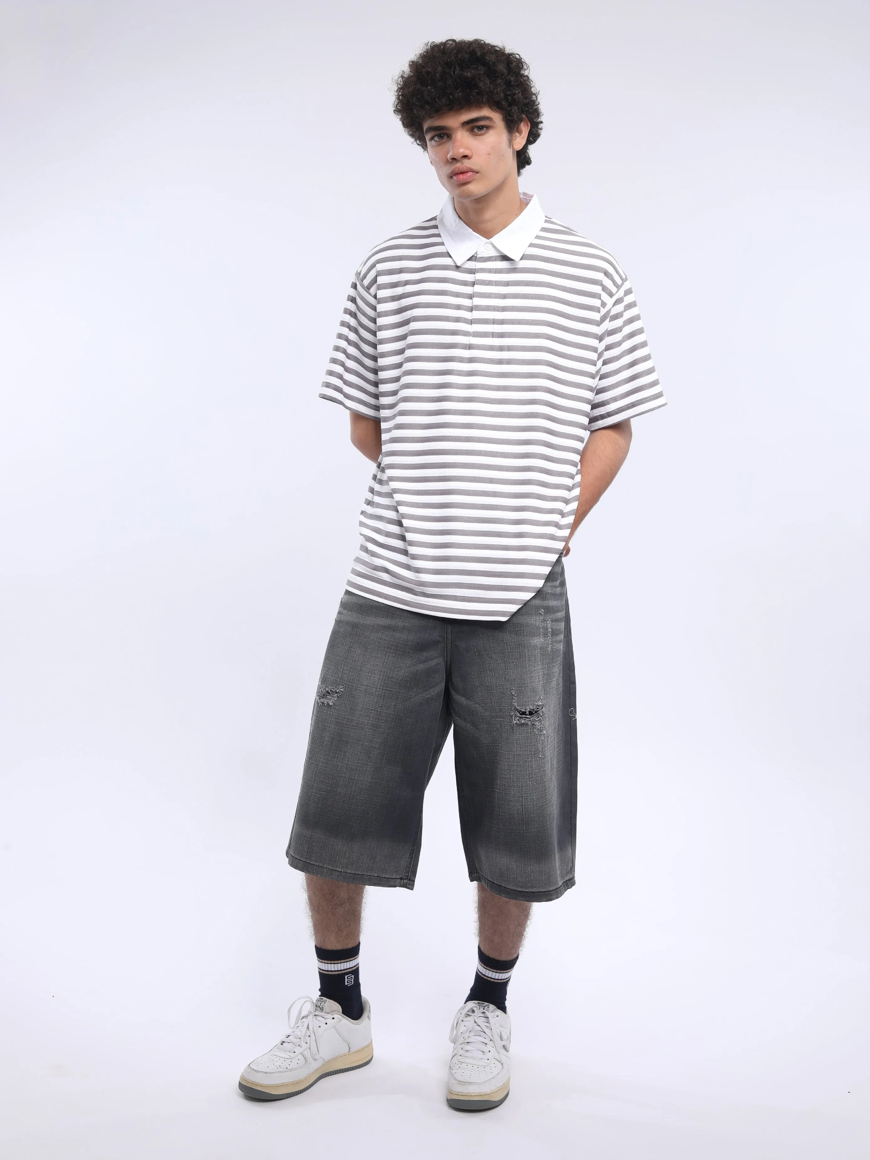 Helga - Striped Polo T-Shirt - Granite Gray