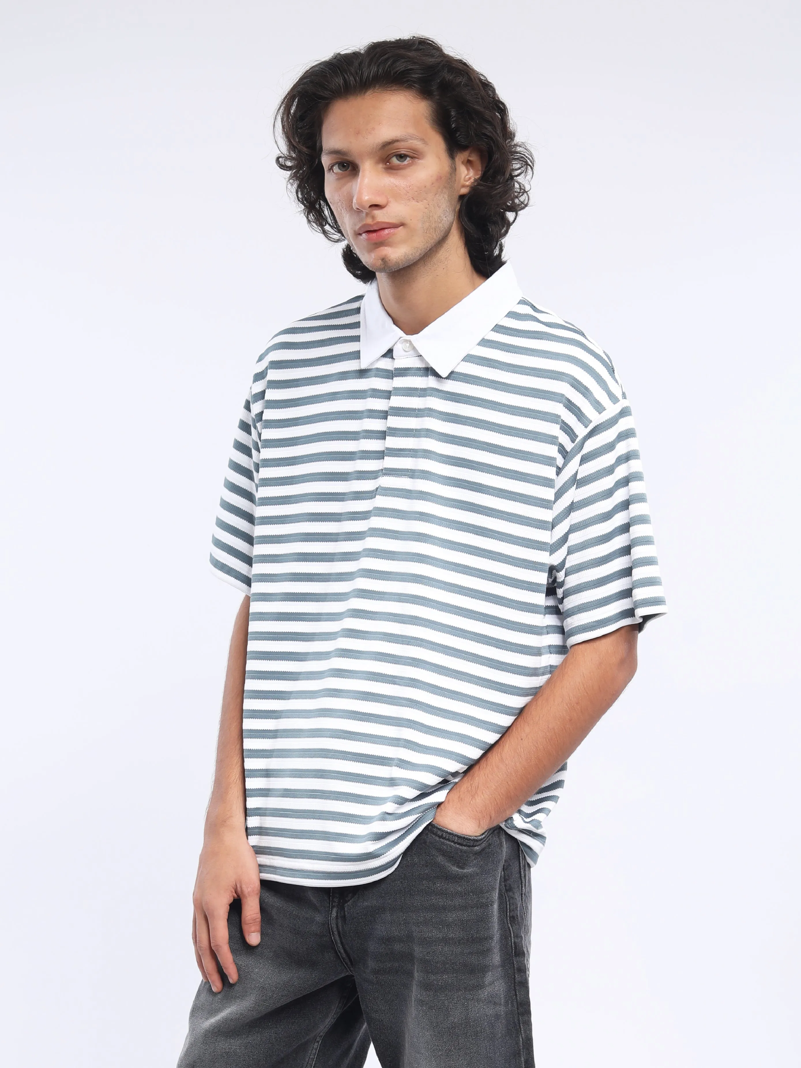 Helga - Striped Polo T-Shirt - Mountain Mist