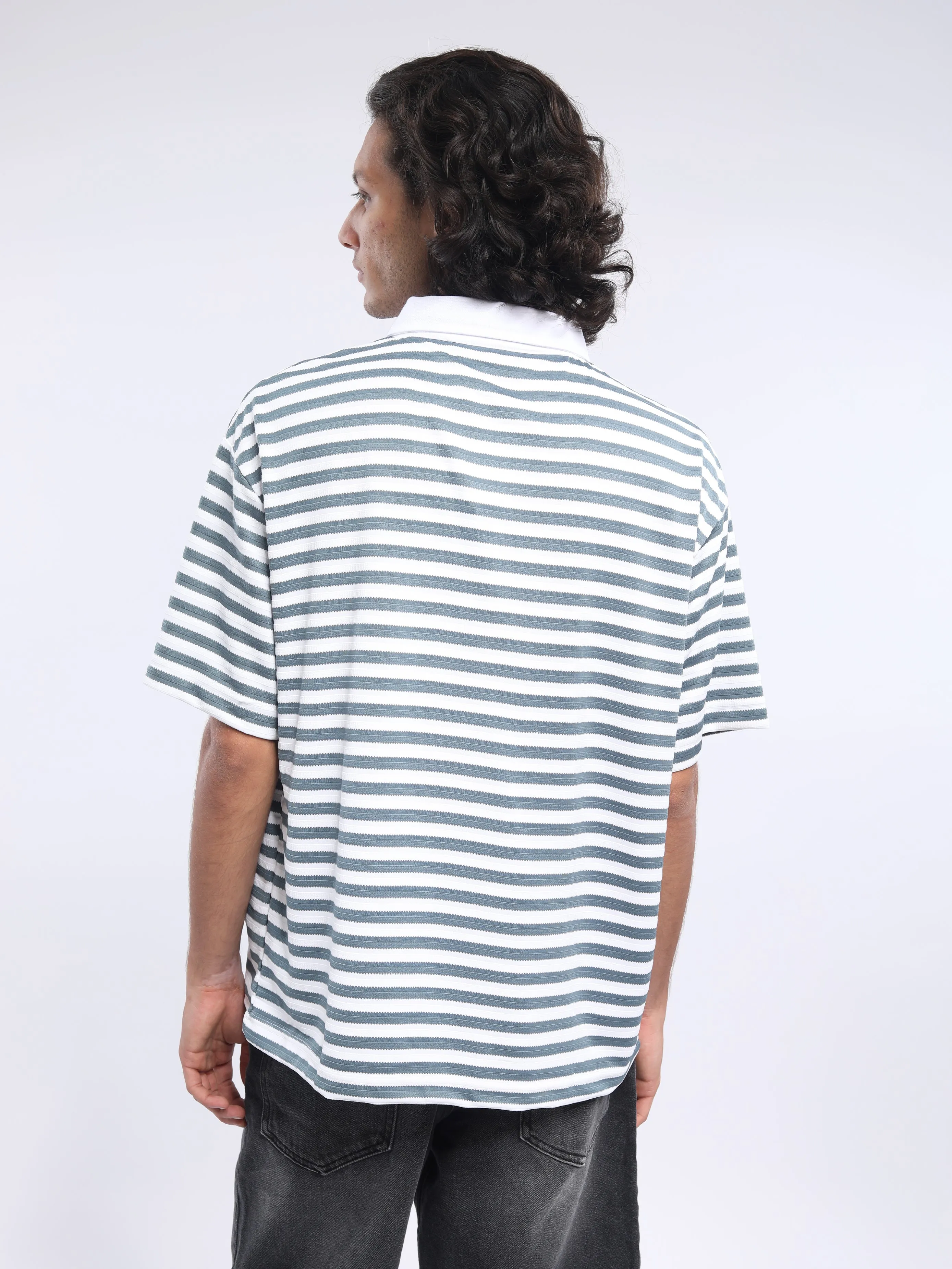 Helga - Striped Polo T-Shirt - Mountain Mist