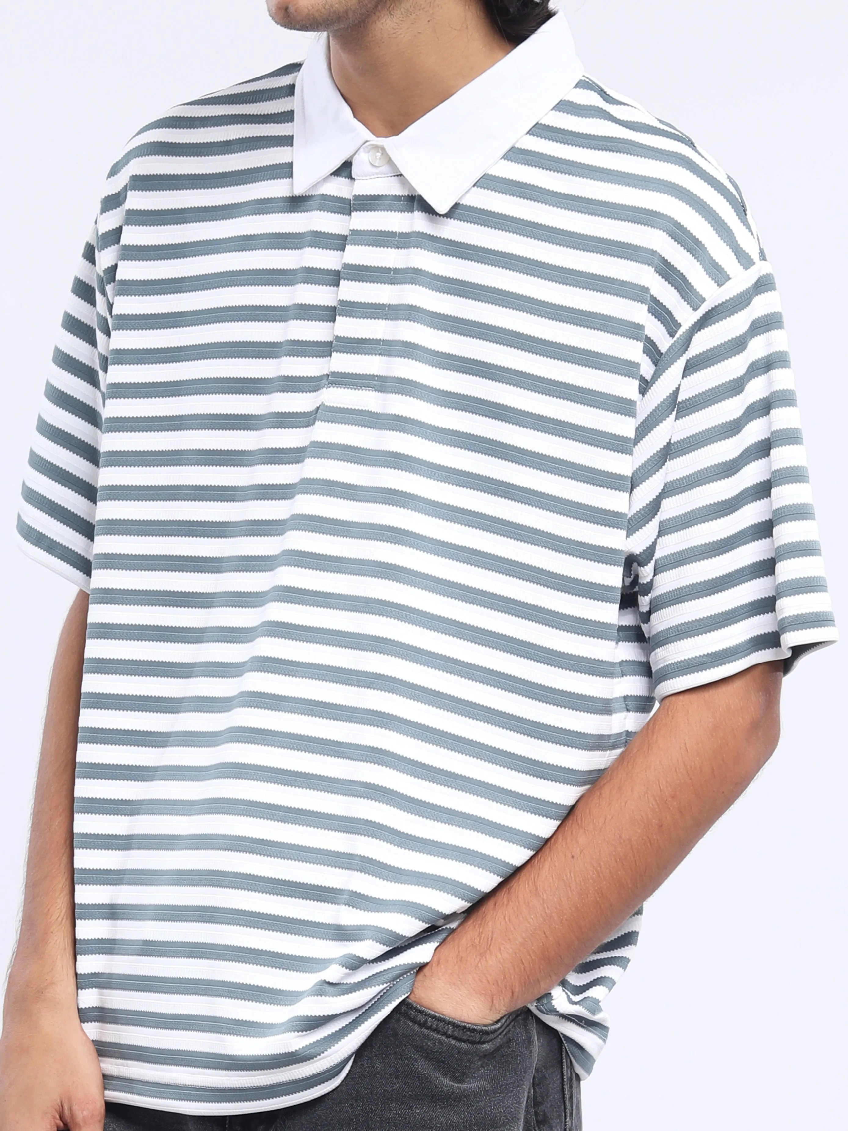 Helga - Striped Polo T-Shirt - Mountain Mist