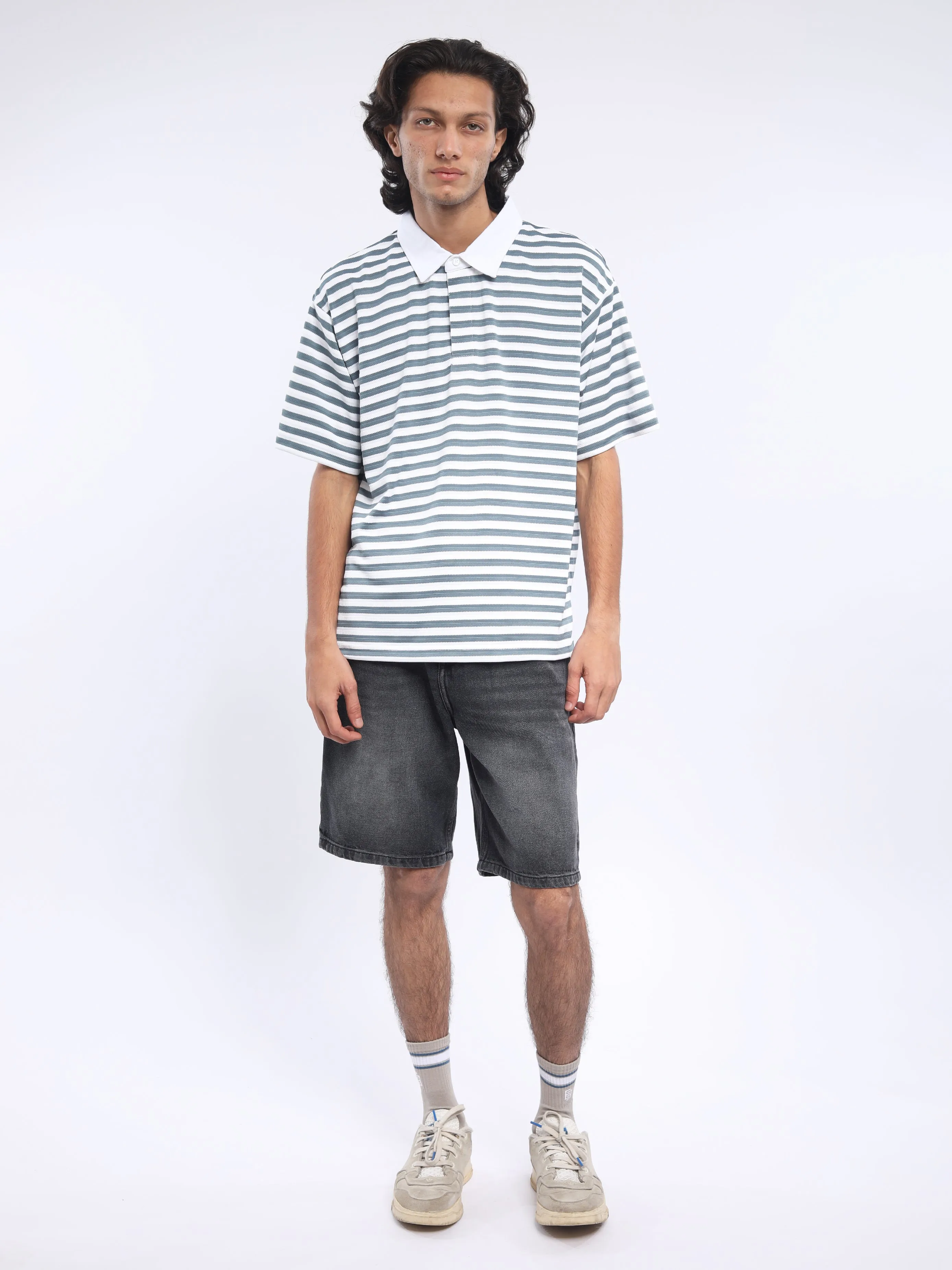 Helga - Striped Polo T-Shirt - Mountain Mist