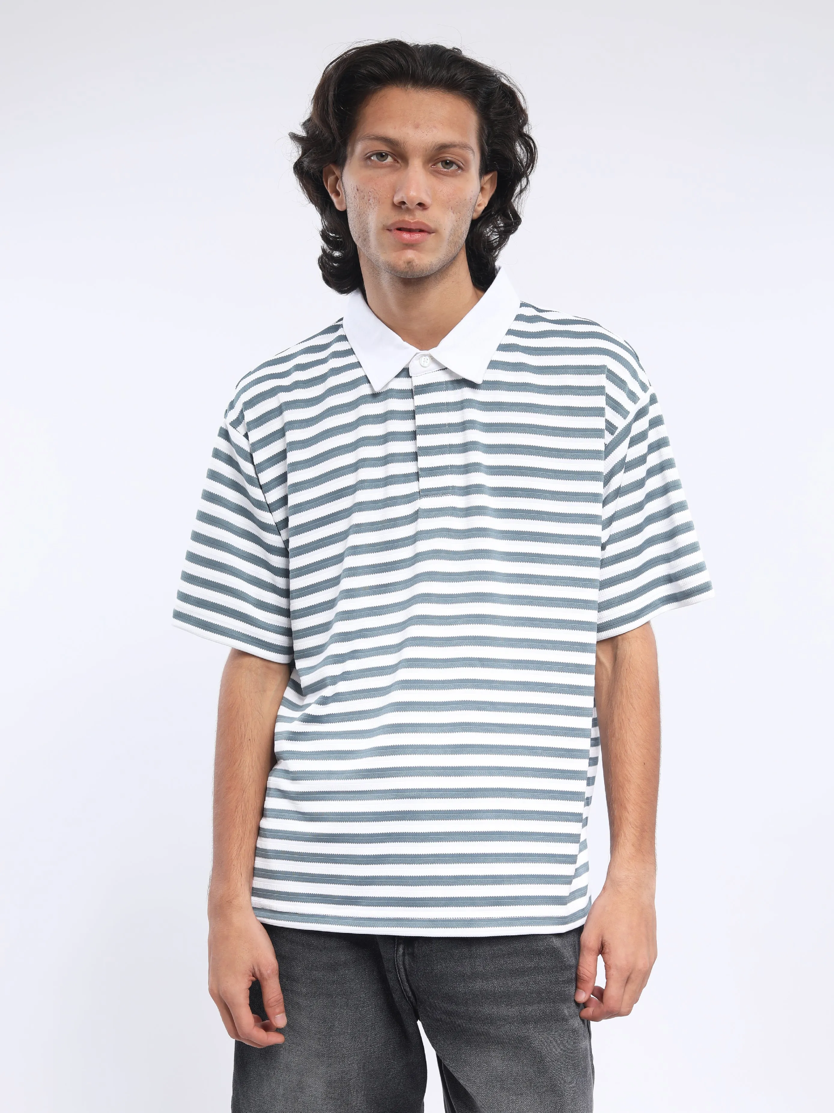 Helga - Striped Polo T-Shirt - Mountain Mist