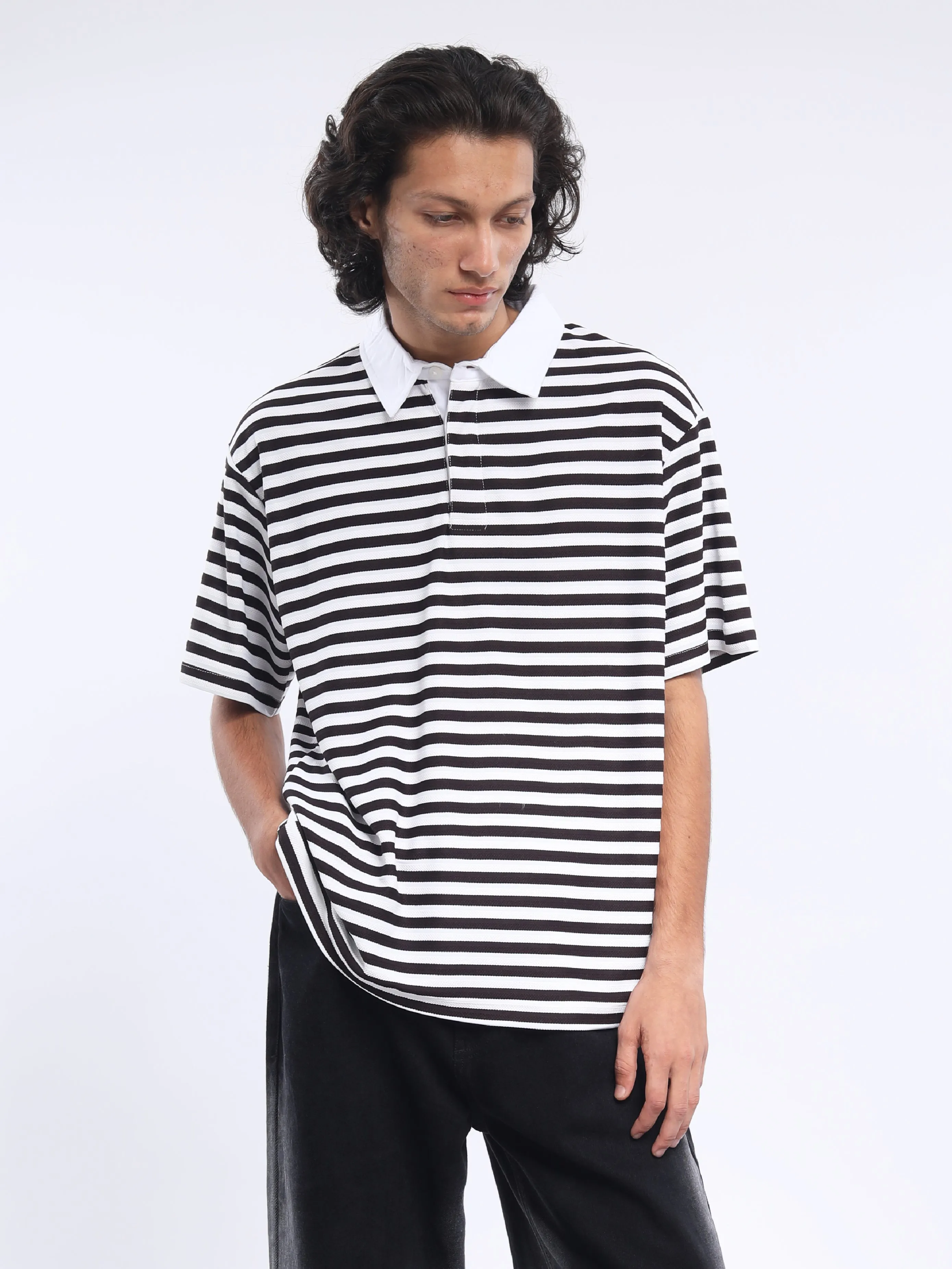 Helga - Striped Polo T-Shirt - Thunder Gray