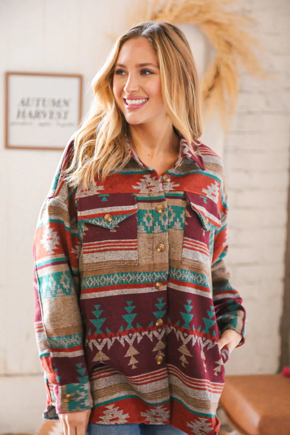 Holiday Aztec Flannel Button Down Pocketed Shacket