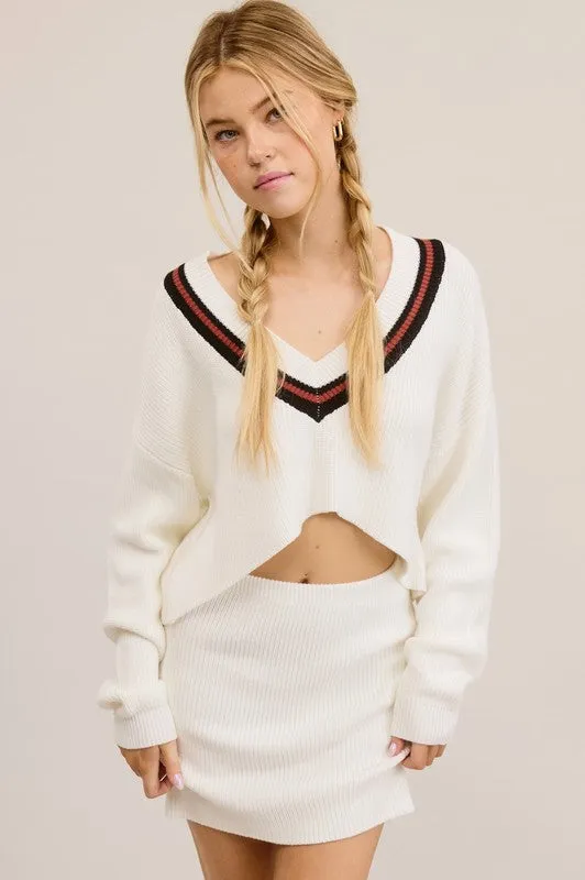 Ivory Preppy Two-Piece Contrast Stripe Knit Set