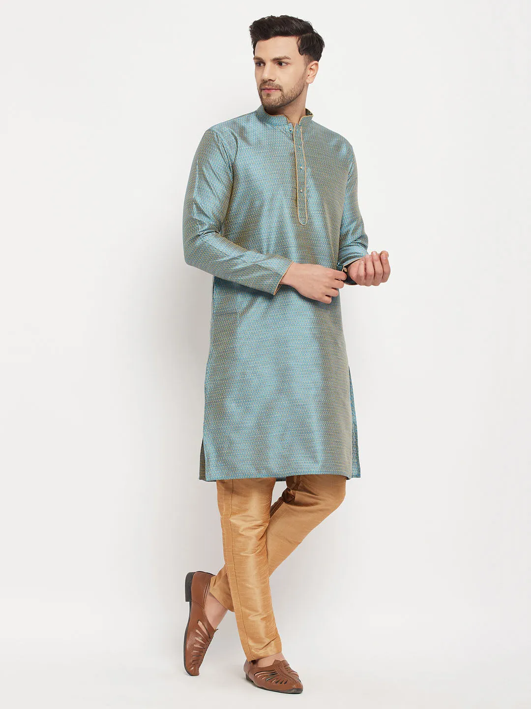 Jashvi Men's Aqua Blue Silk Blend Kurta and Rose Gold Pant Style Pyjama Set