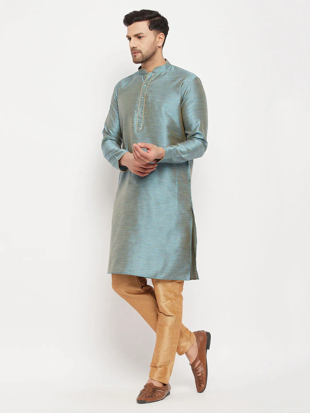 Jashvi Men's Aqua Blue Silk Blend Kurta and Rose Gold Pant Style Pyjama Set