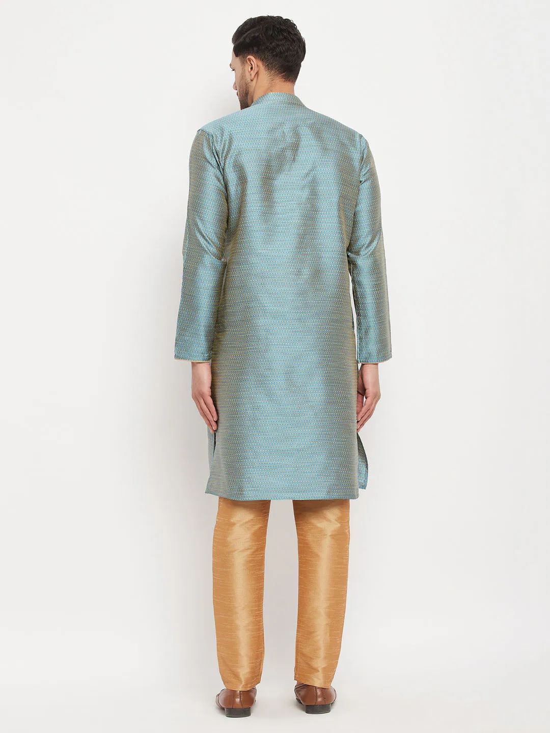 Jashvi Men's Aqua Blue Silk Blend Kurta and Rose Gold Pant Style Pyjama Set