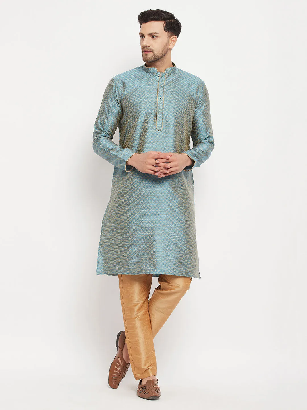 Jashvi Men's Aqua Blue Silk Blend Kurta and Rose Gold Pant Style Pyjama Set