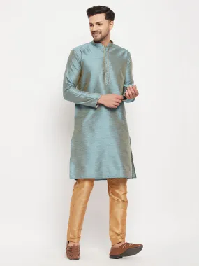 Jashvi Men's Aqua Blue Silk Blend Kurta and Rose Gold Pant Style Pyjama Set