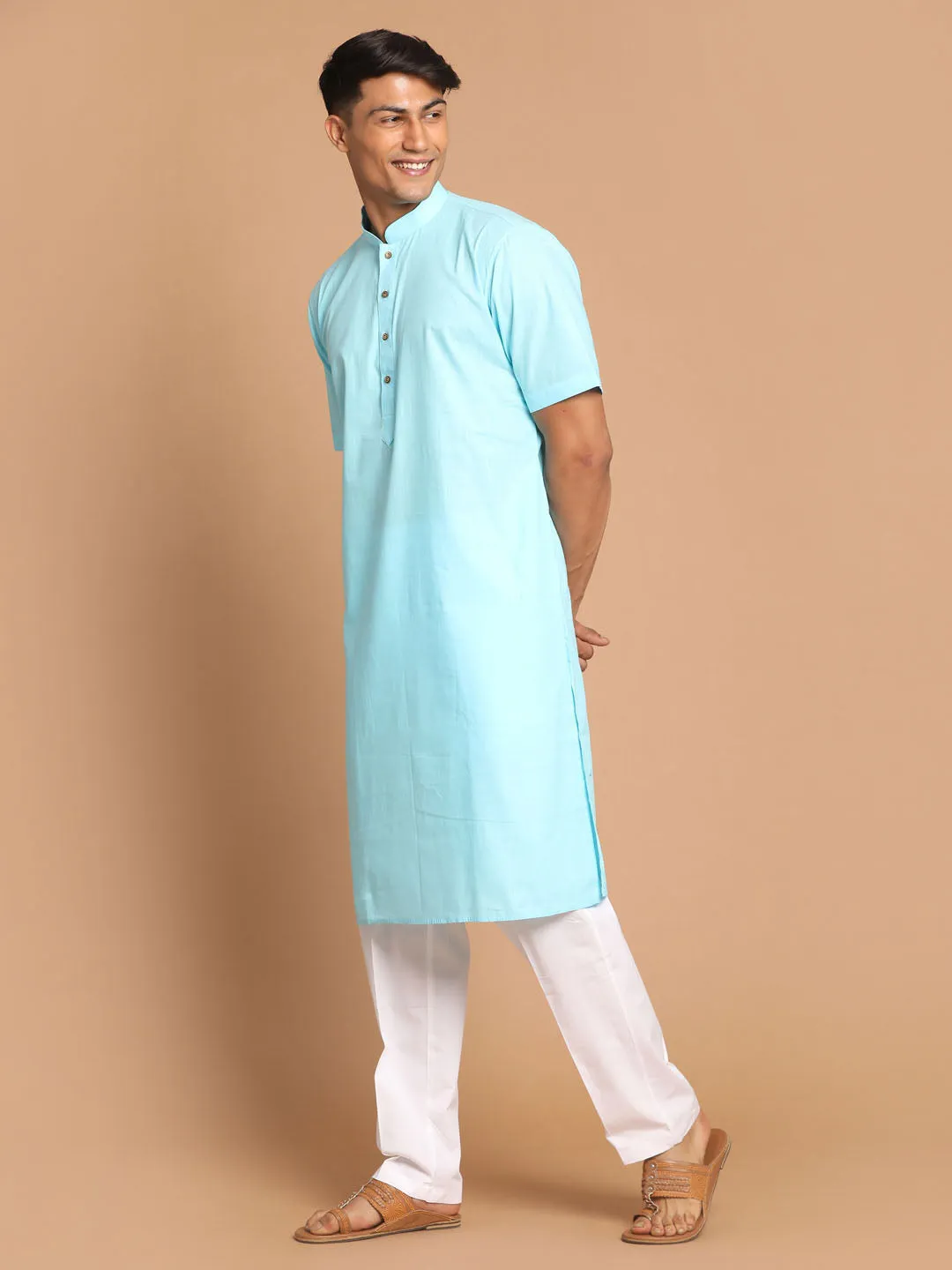 Jashvi Men's Aqua Blue Solid Kurta with White Pant style Cotton Pyjama Set