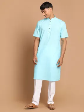 Jashvi Men's Aqua Blue Solid Kurta with White Pant style Cotton Pyjama Set