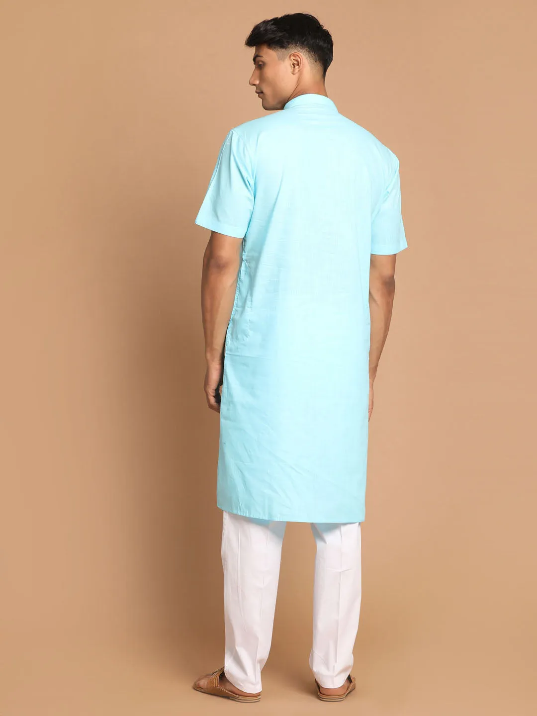 Jashvi Men's Aqua Blue Solid Kurta with White Pant style Cotton Pyjama Set