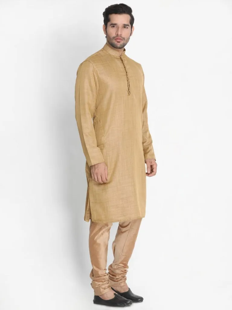 Jashvi Men's Beige Silk Blend Kurta and Churidar Set