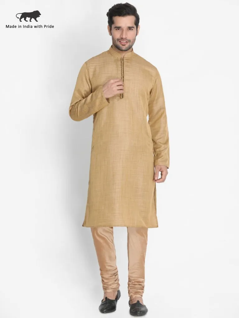 Jashvi Men's Beige Silk Blend Kurta and Churidar Set