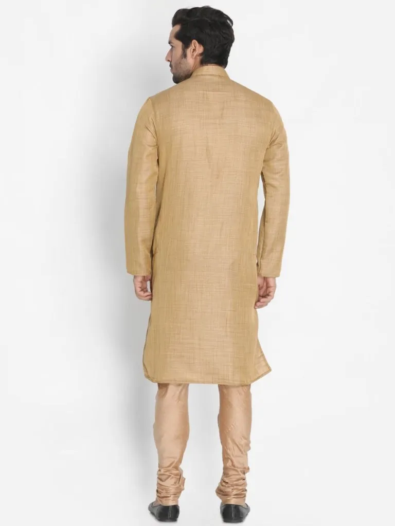 Jashvi Men's Beige Silk Blend Kurta and Churidar Set