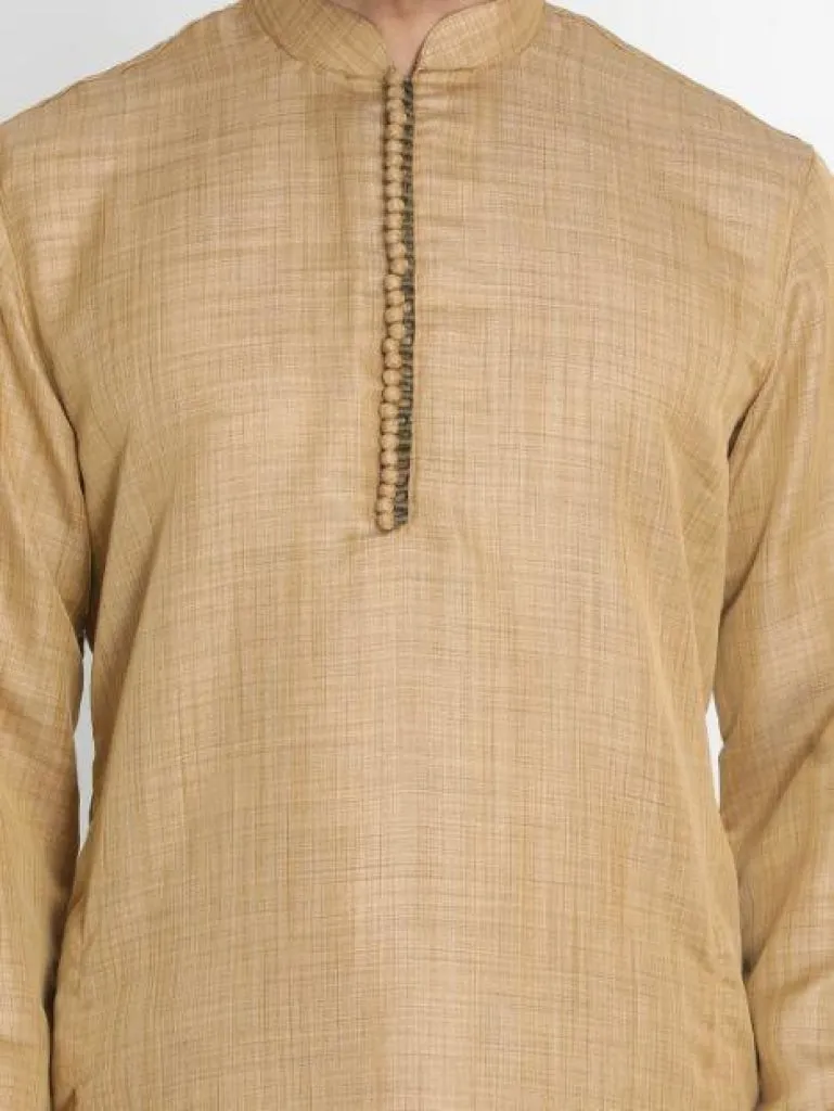 Jashvi Men's Beige Silk Blend Kurta and Churidar Set