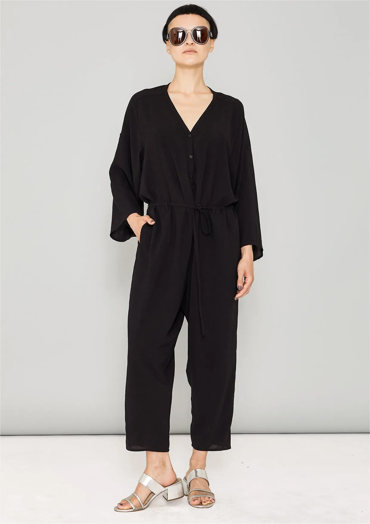 JUMPSUIT-LOOSE/BELT - black plain