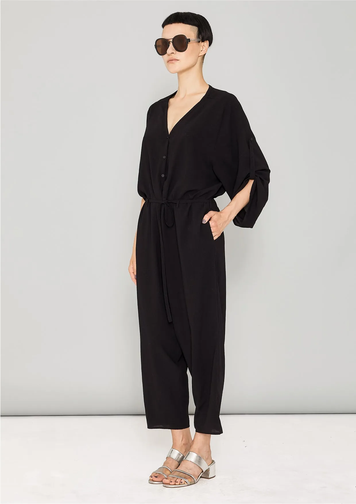 JUMPSUIT-LOOSE/BELT - black plain