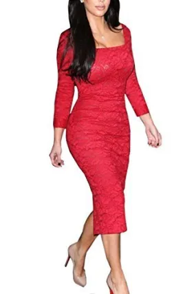 Ketty More Women's Square Collar Bodycon Knee Length Pencil Dress-KMWD133