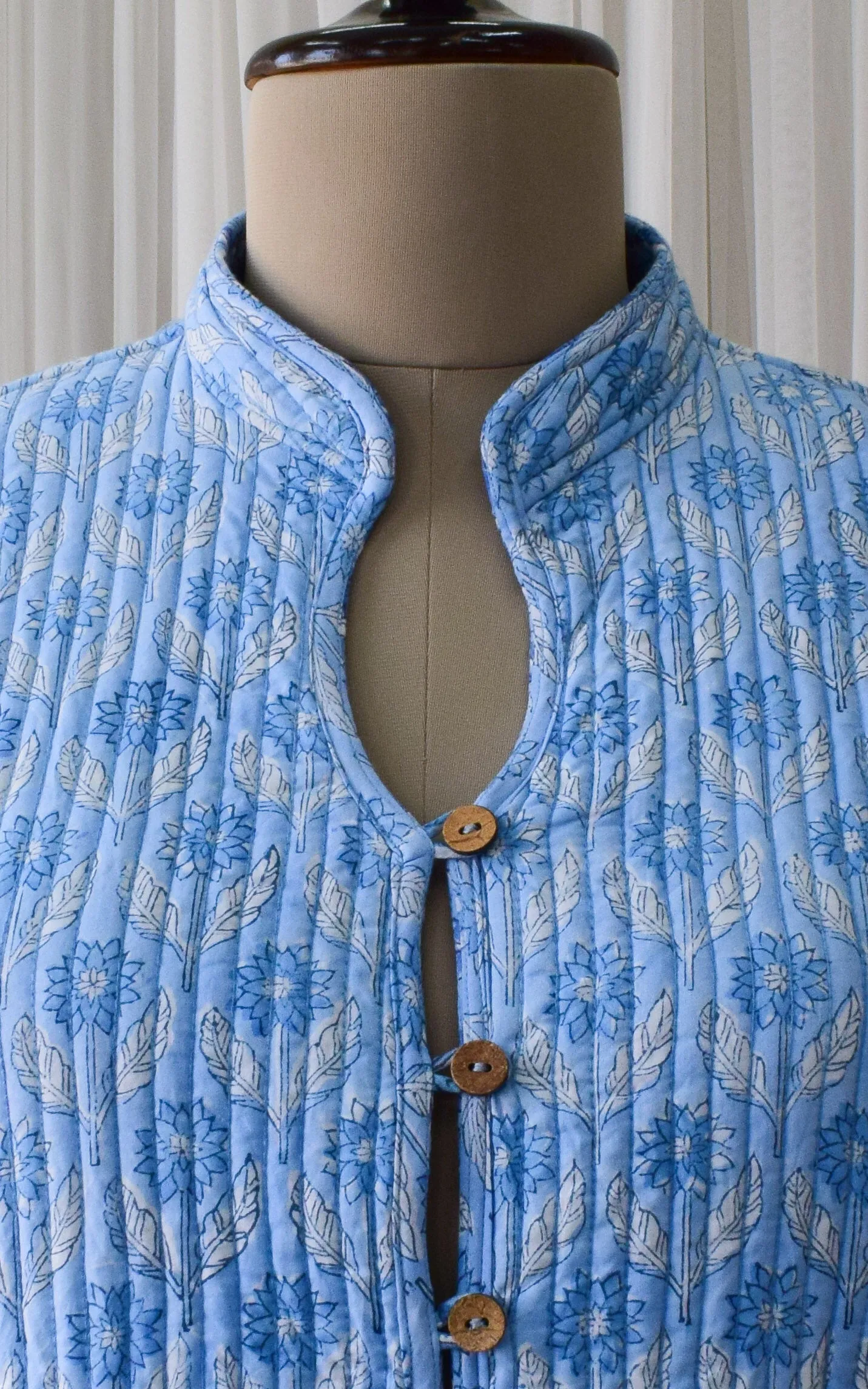 Light Blue-Sky Blue Lotus Block Print Reversible Quilted Jacket