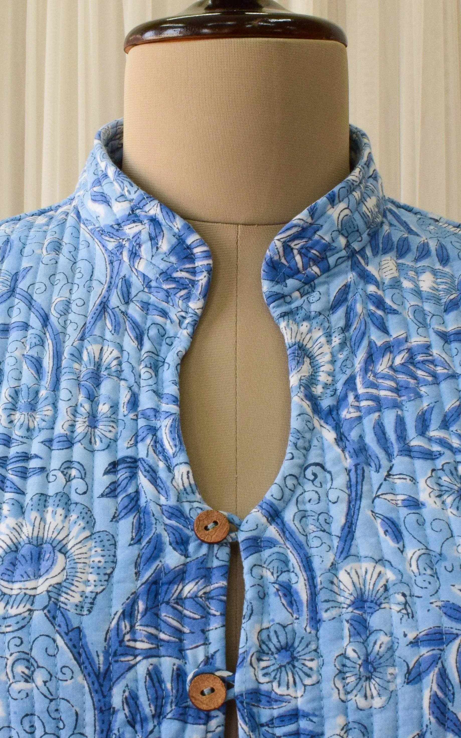 Light Blue-Sky Blue Lotus Block Print Reversible Quilted Jacket