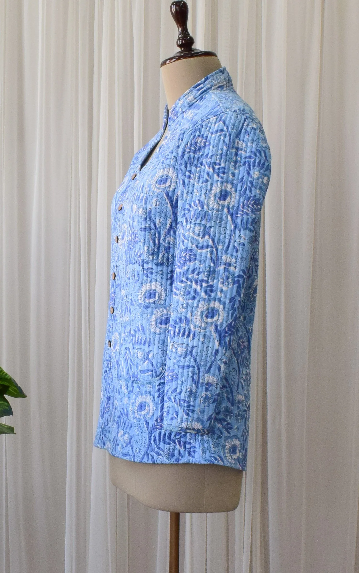 Light Blue-Sky Blue Lotus Block Print Reversible Quilted Jacket