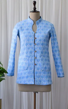 Light Blue-Sky Blue Lotus Block Print Reversible Quilted Jacket