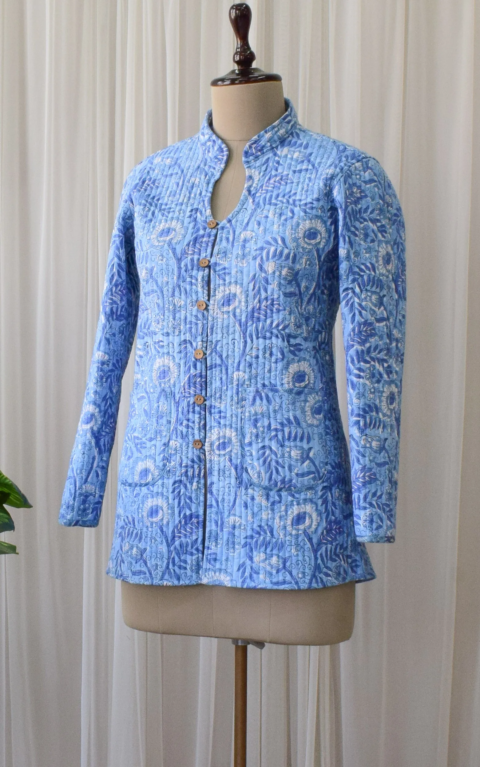 Light Blue-Sky Blue Lotus Block Print Reversible Quilted Jacket