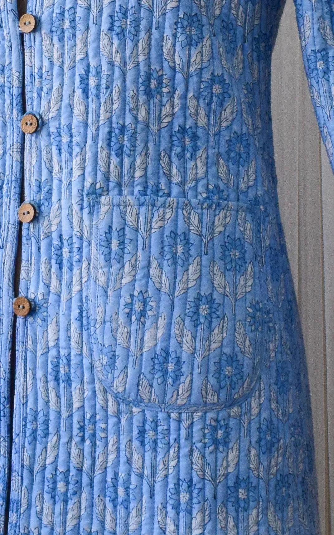 Light Blue-Sky Blue Lotus Block Print Reversible Quilted Jacket