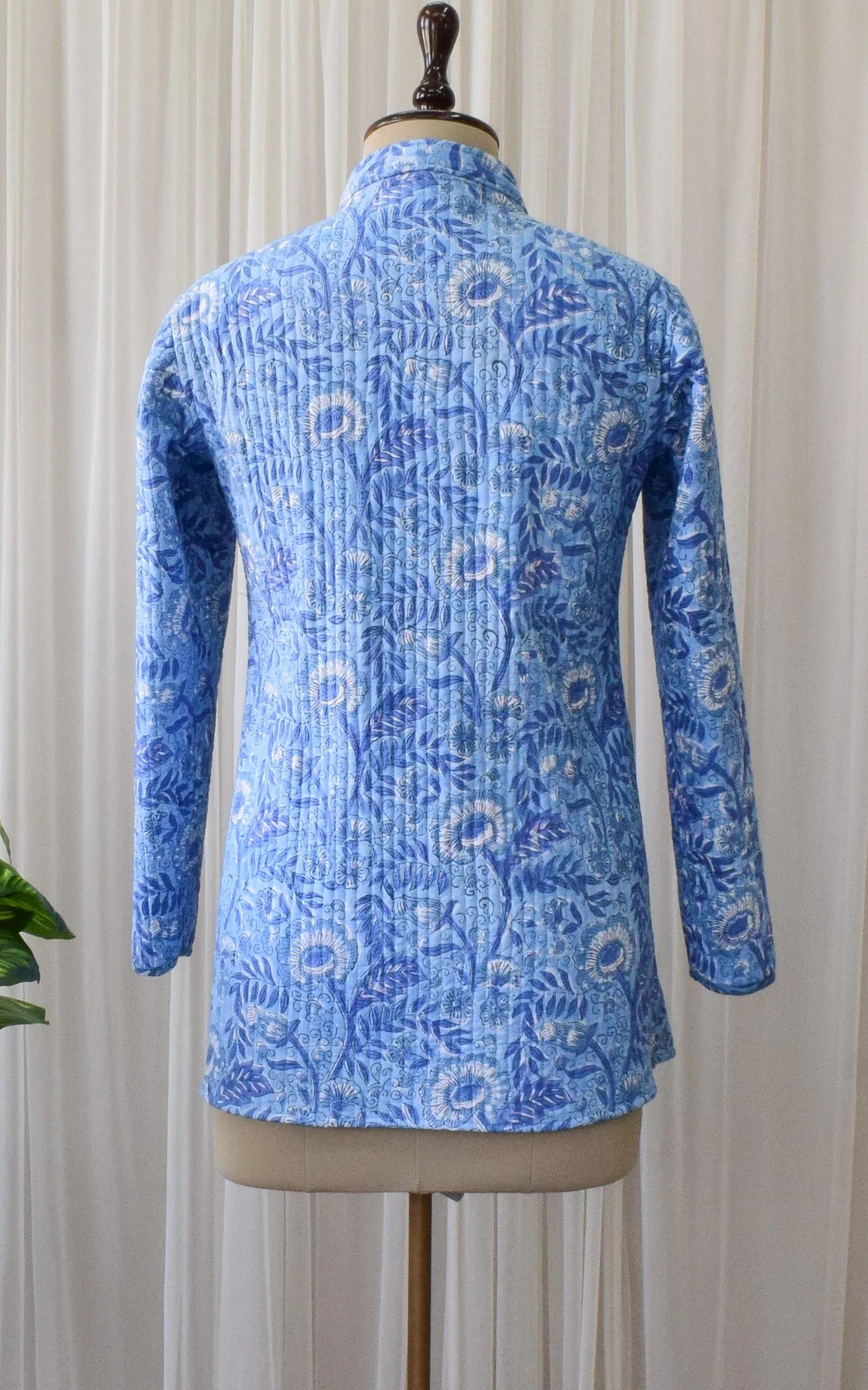 Light Blue-Sky Blue Lotus Block Print Reversible Quilted Jacket