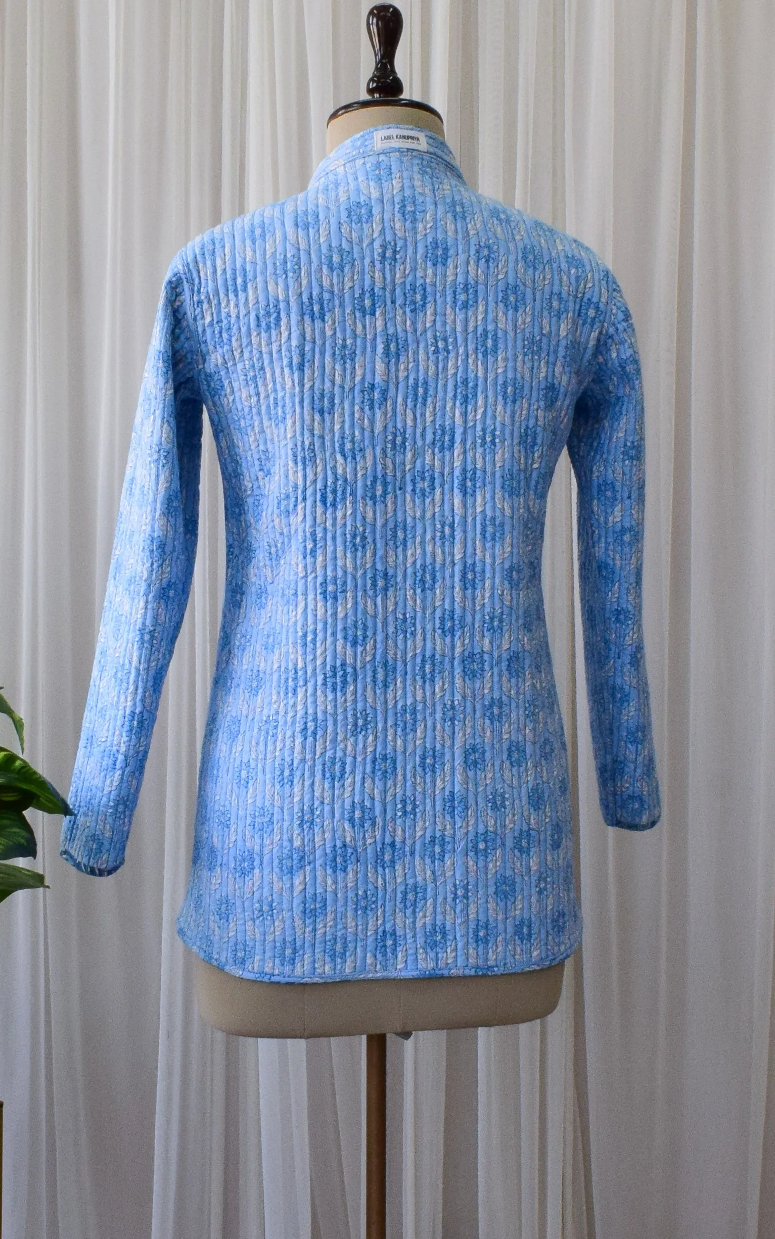 Light Blue-Sky Blue Lotus Block Print Reversible Quilted Jacket