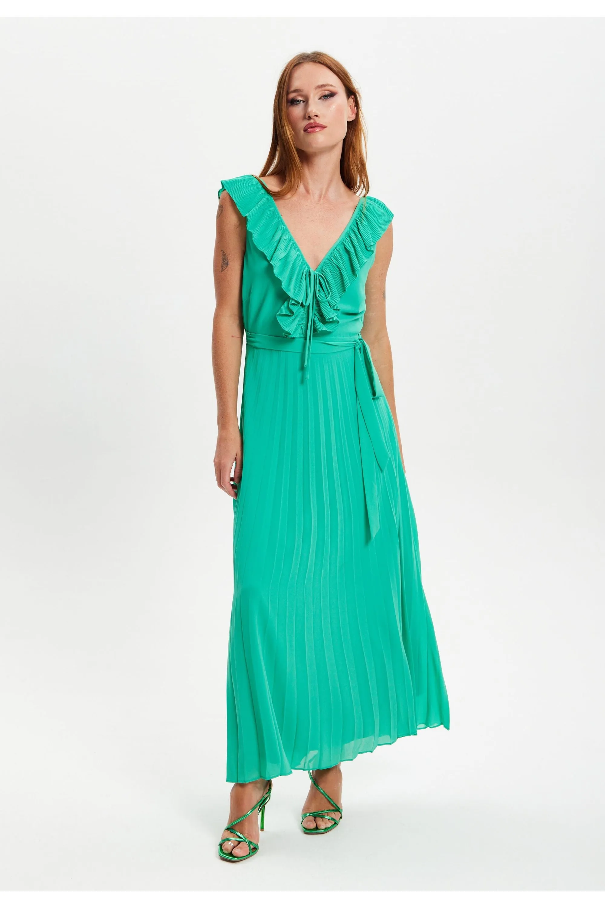 Liquorish Frilled V Neck Sleeveless Pleated Maxi Dress