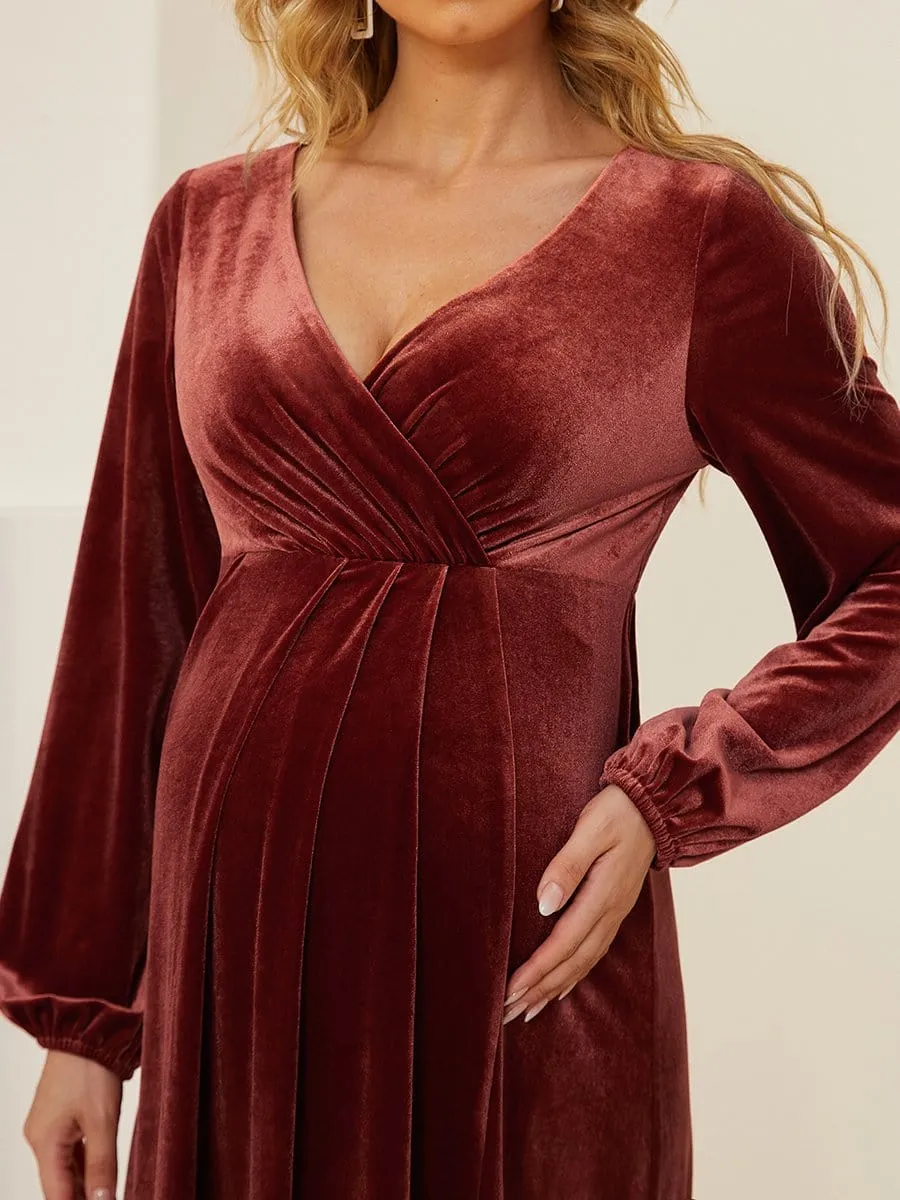 Long Sleeve Velvet V-Neck Front Slit Floor-Length Bump Friendly Dress