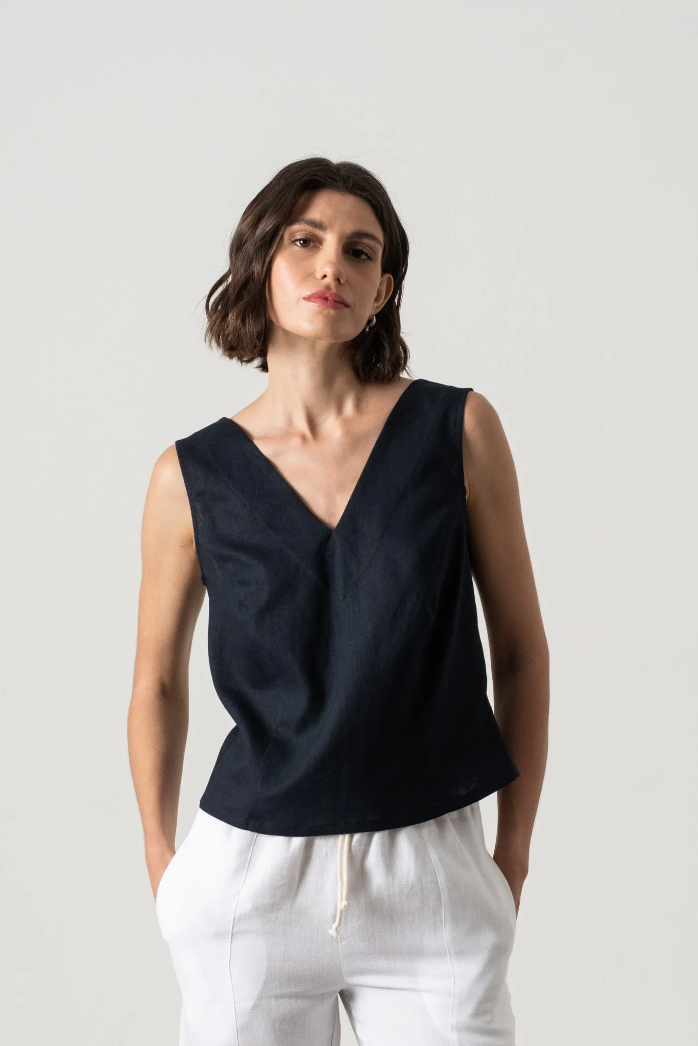 L'origami Linen Top Navy