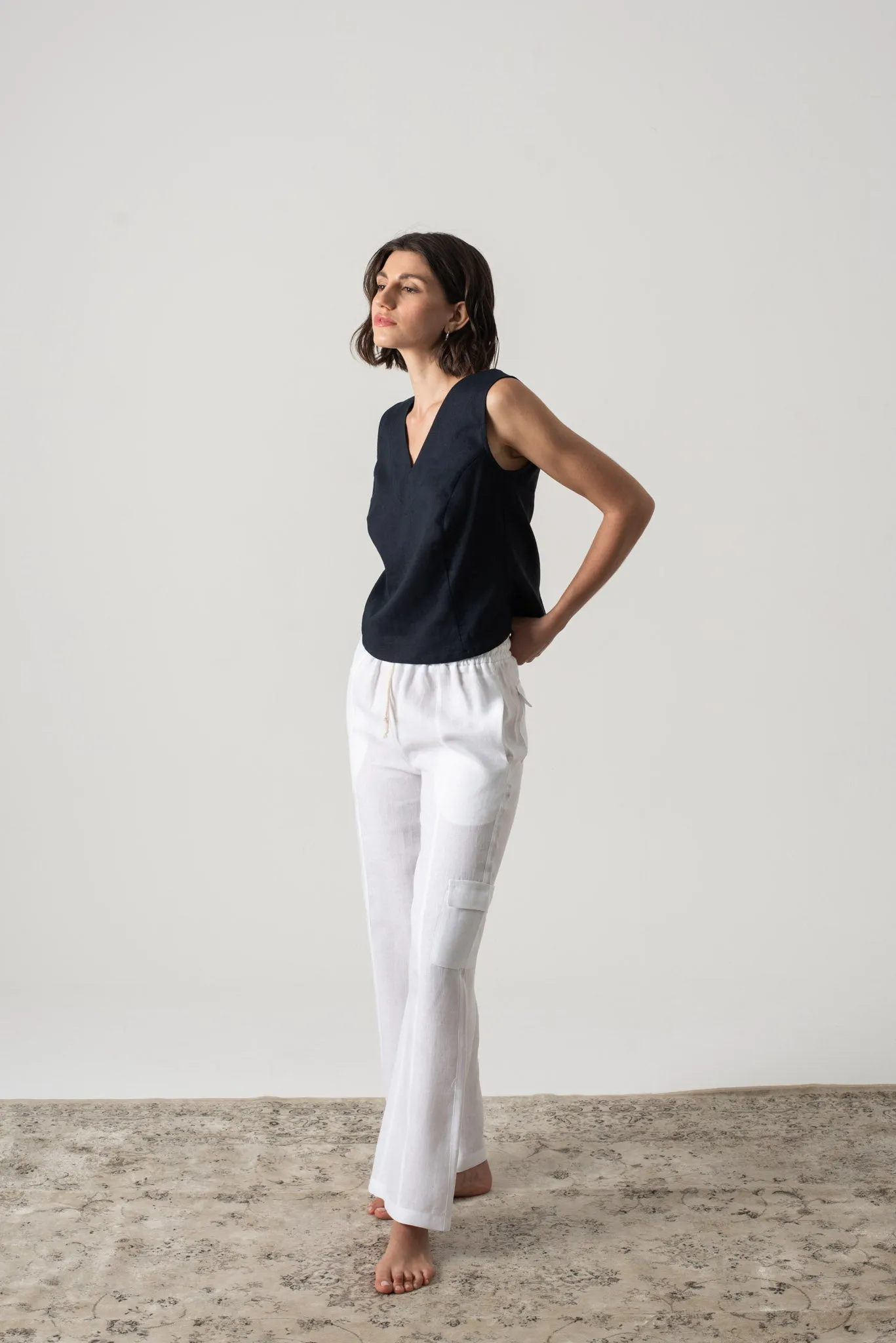 L'origami Linen Top Navy