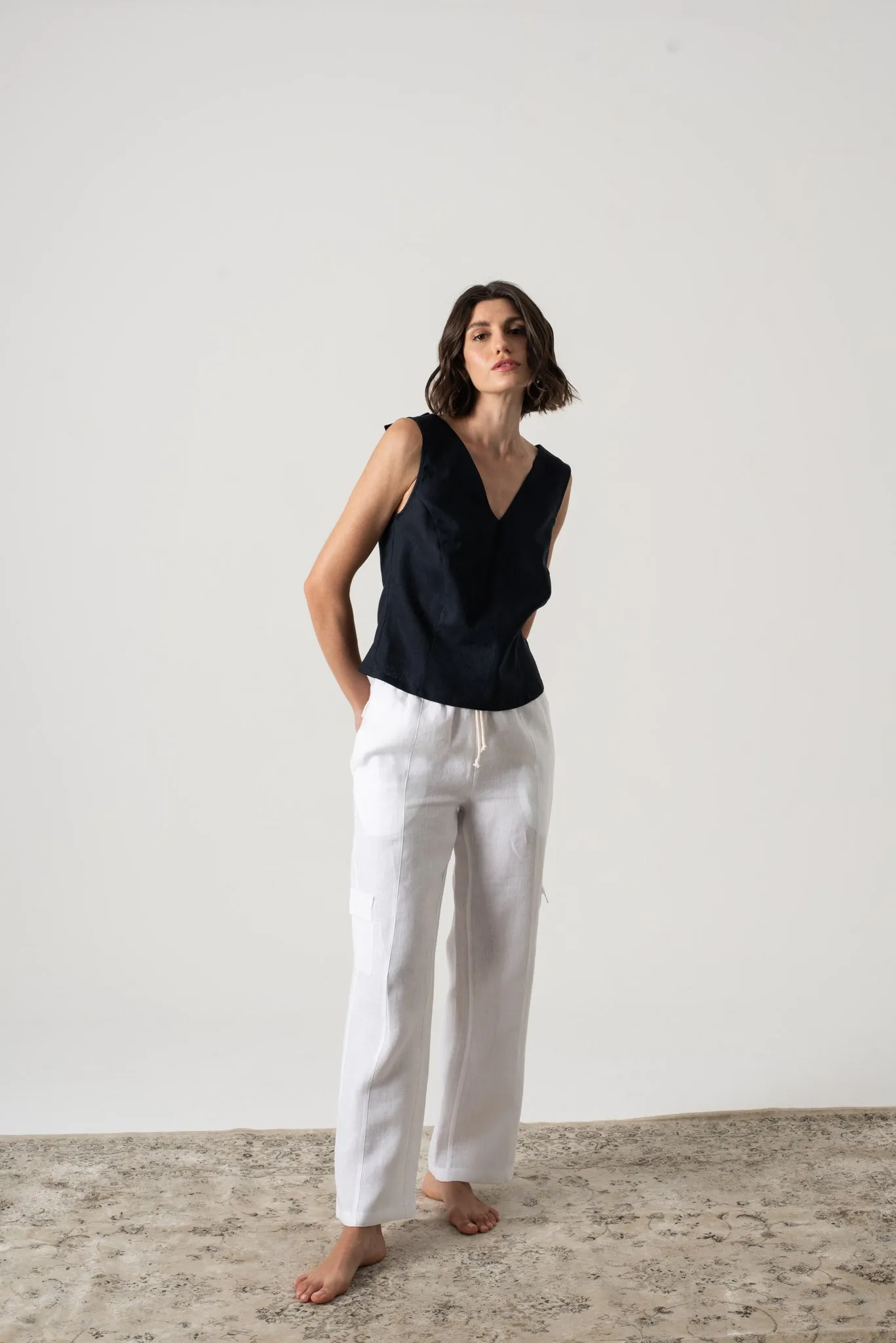 L'origami Linen Top Navy