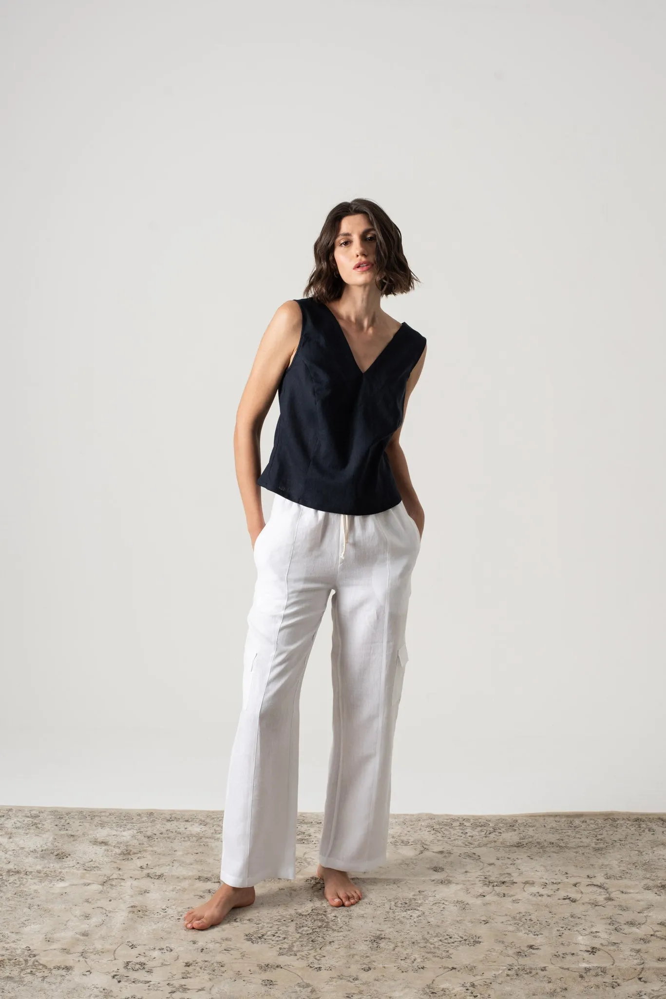 L'origami Linen Top Navy