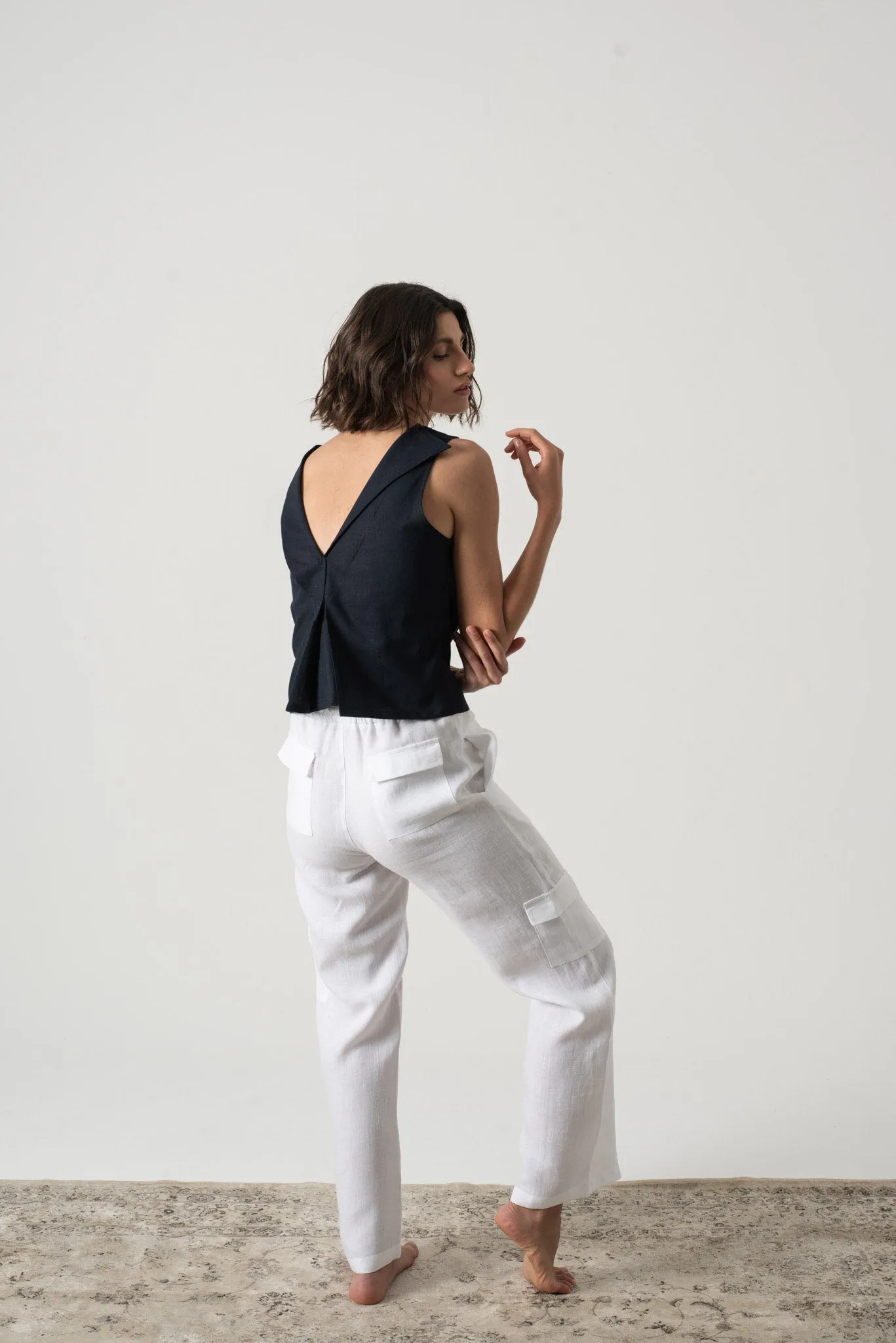 L'origami Linen Top Navy