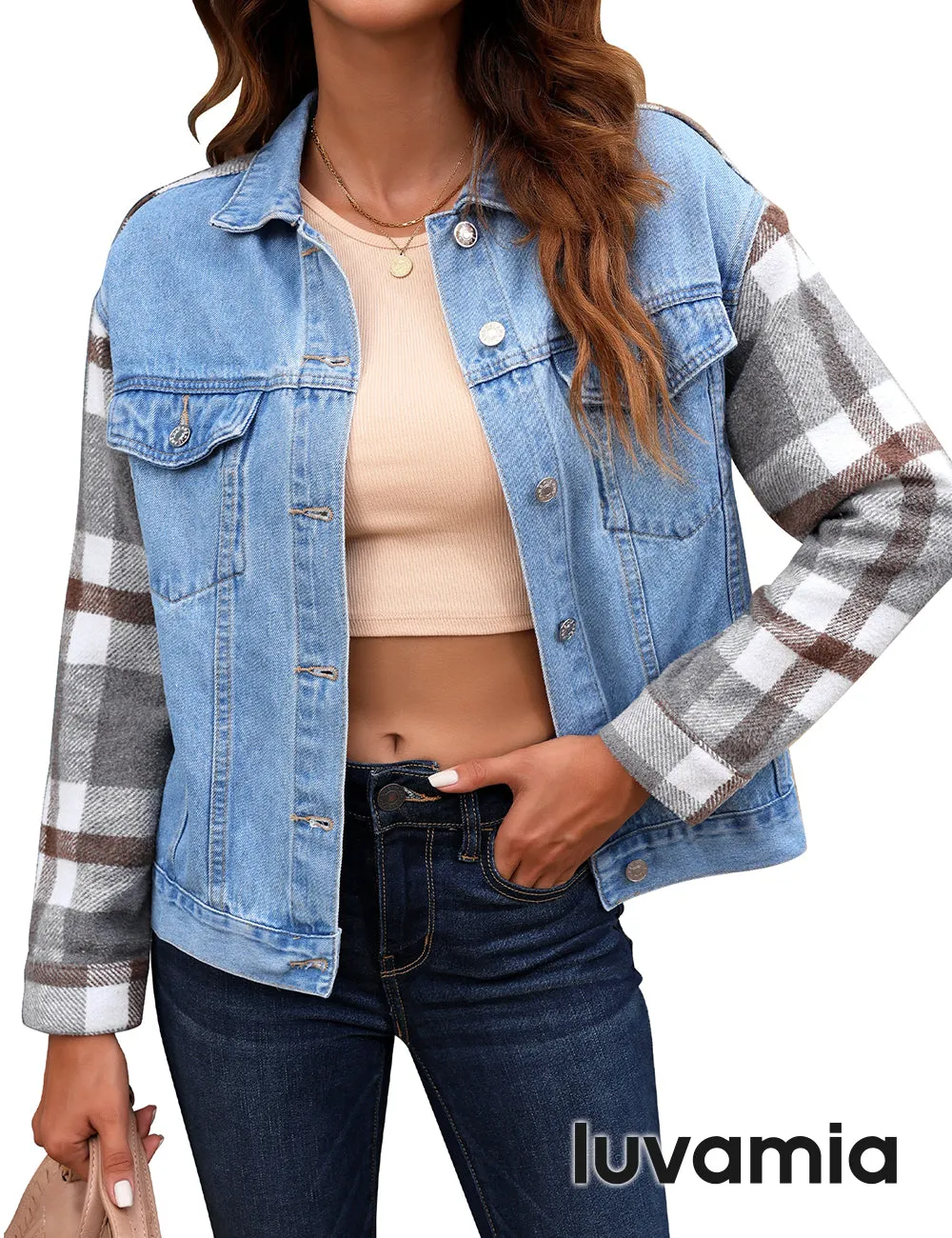 luvamia Jean Jackets for Women Fashion Flannel Plaid Shacket Jacket Oversized Button Down Trucker Denim Shirt Jackets