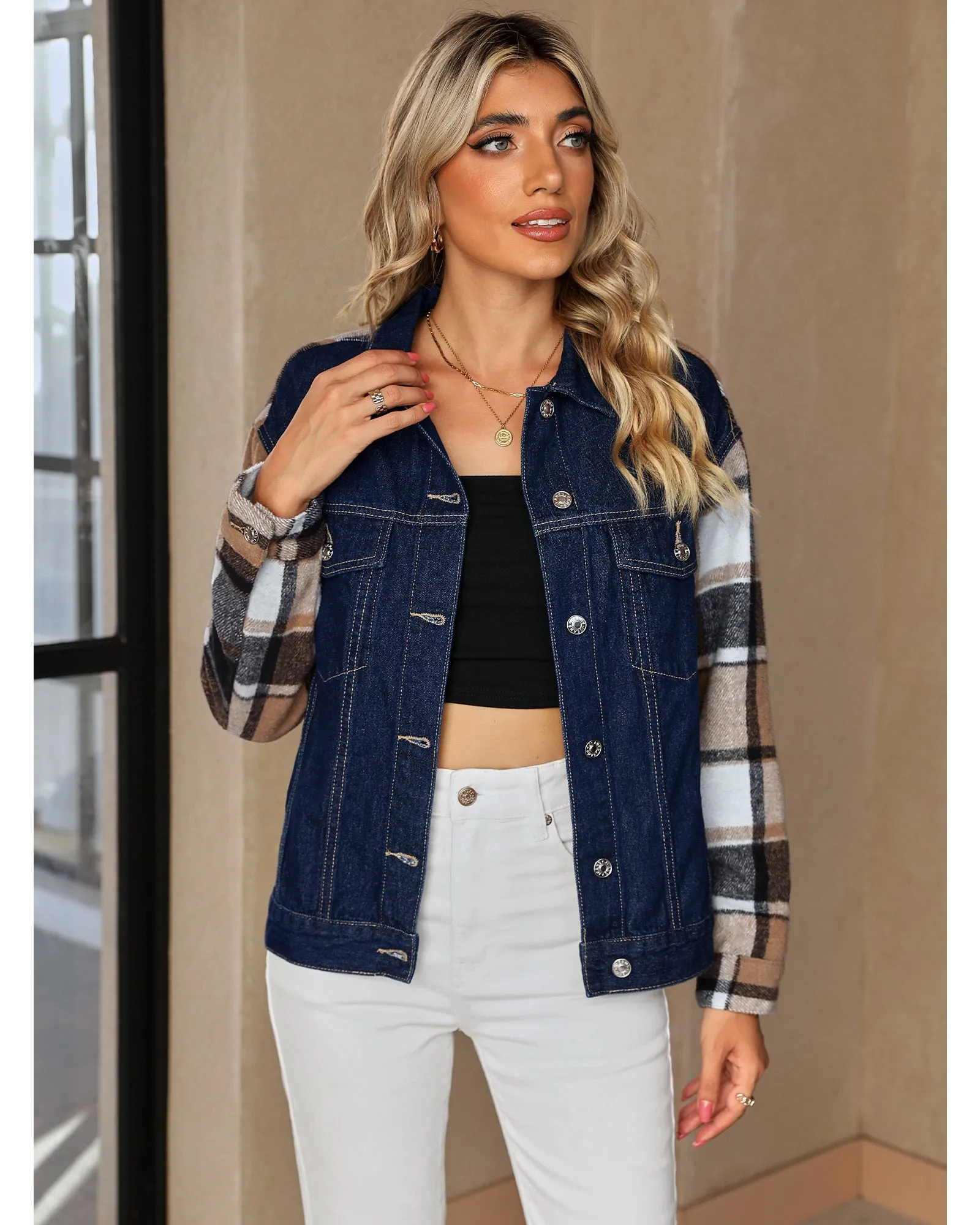 luvamia Jean Jackets for Women Fashion Flannel Plaid Shacket Jacket Oversized Button Down Trucker Denim Shirt Jackets