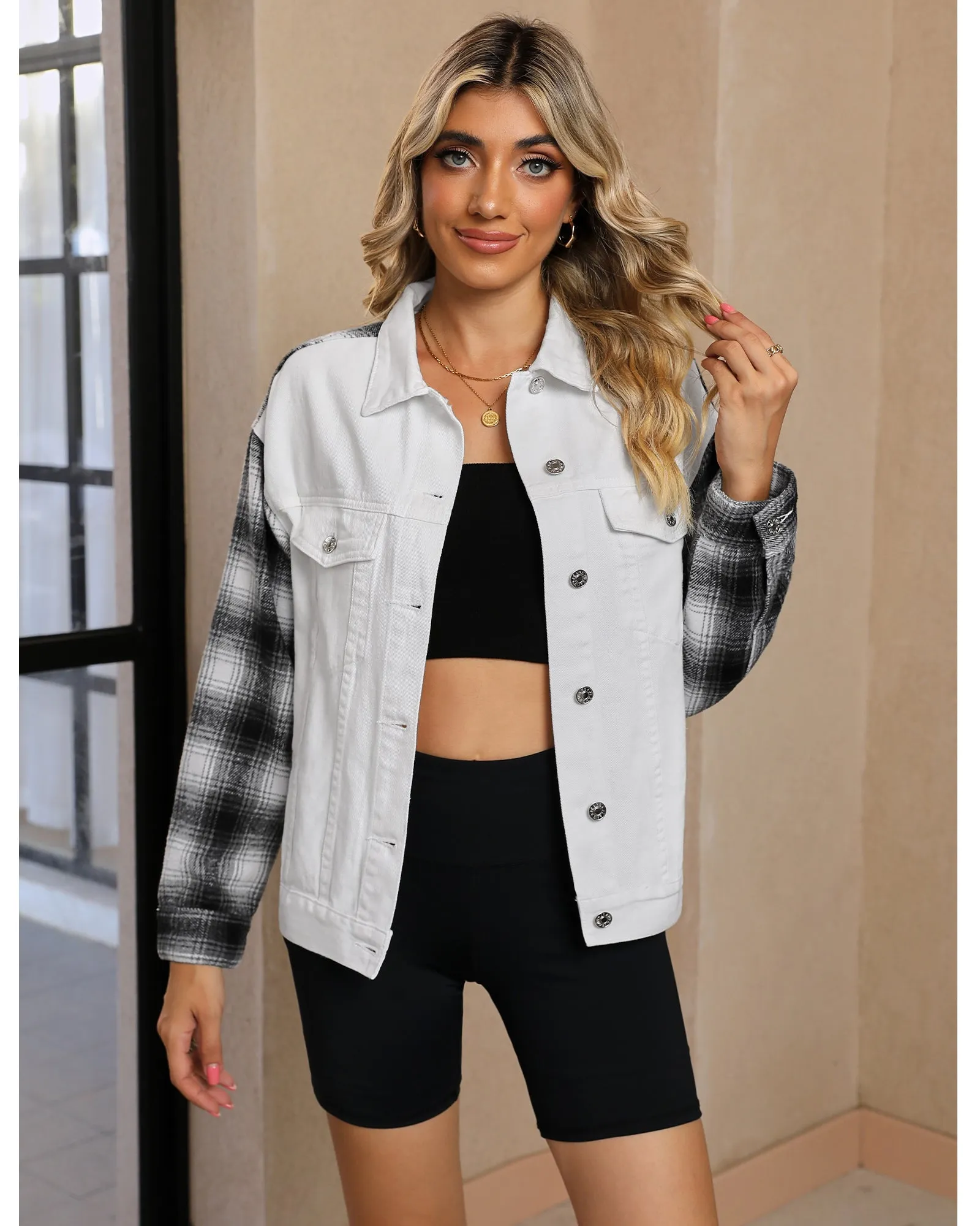 luvamia Jean Jackets for Women Fashion Flannel Plaid Shacket Jacket Oversized Button Down Trucker Denim Shirt Jackets