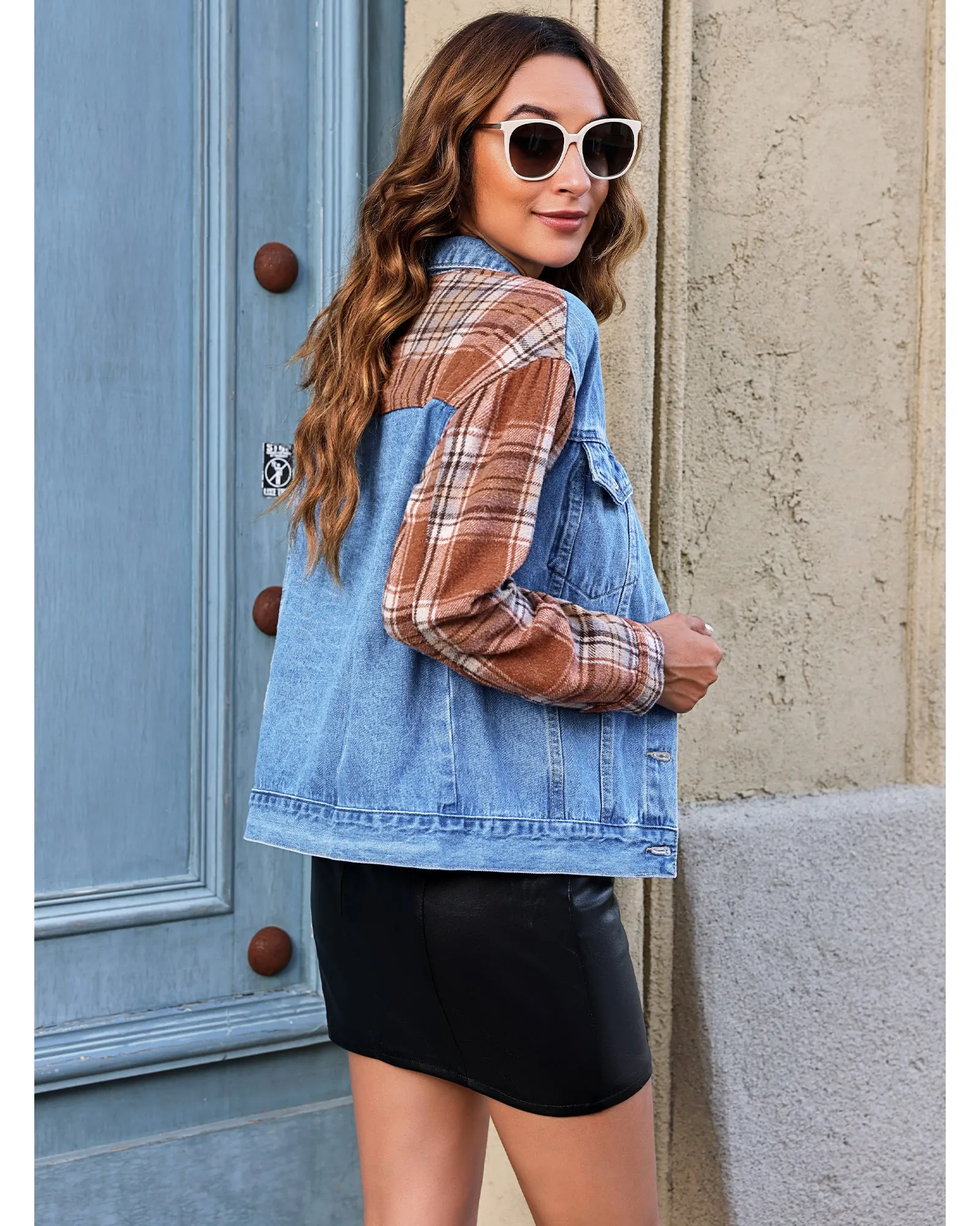 luvamia Jean Jackets for Women Fashion Flannel Plaid Shacket Jacket Oversized Button Down Trucker Denim Shirt Jackets