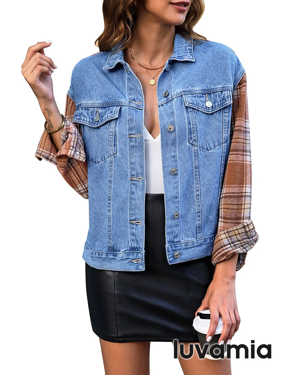 luvamia Jean Jackets for Women Fashion Flannel Plaid Shacket Jacket Oversized Button Down Trucker Denim Shirt Jackets