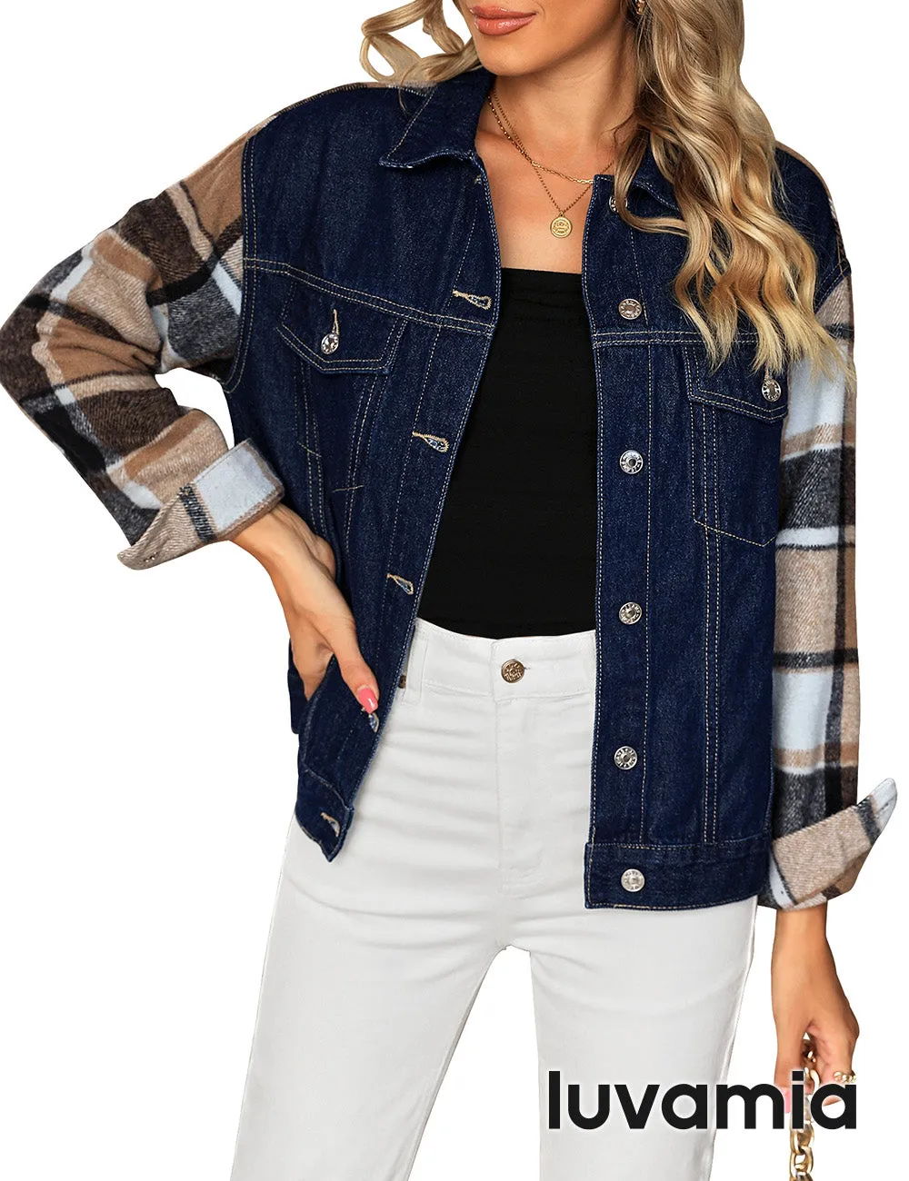 luvamia Jean Jackets for Women Fashion Flannel Plaid Shacket Jacket Oversized Button Down Trucker Denim Shirt Jackets