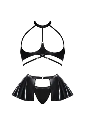 Magic Silk Hard Candy Open Cup Halter Bra, Skirt & Thong Black