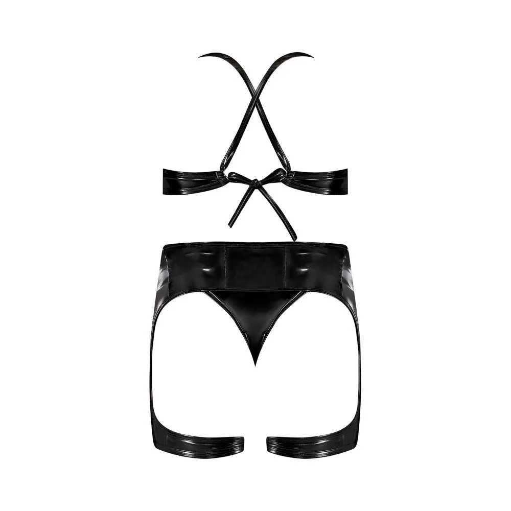 Magic Silk Liquid Onyx Wetlook Halter Style Bra with Stirrup Waist Cincher & Panty Black