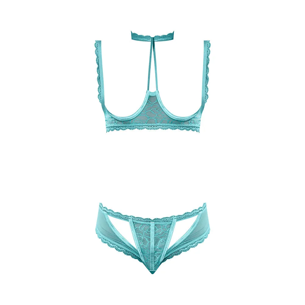 Magic Silk Soft Petals Floral Mesh Cupless Bra with Split Crotch & Peek-A-Boo Cutout Panty Aqua