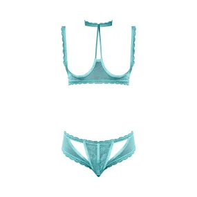 Magic Silk Soft Petals Floral Mesh Cupless Bra with Split Crotch & Peek-A-Boo Cutout Panty Aqua